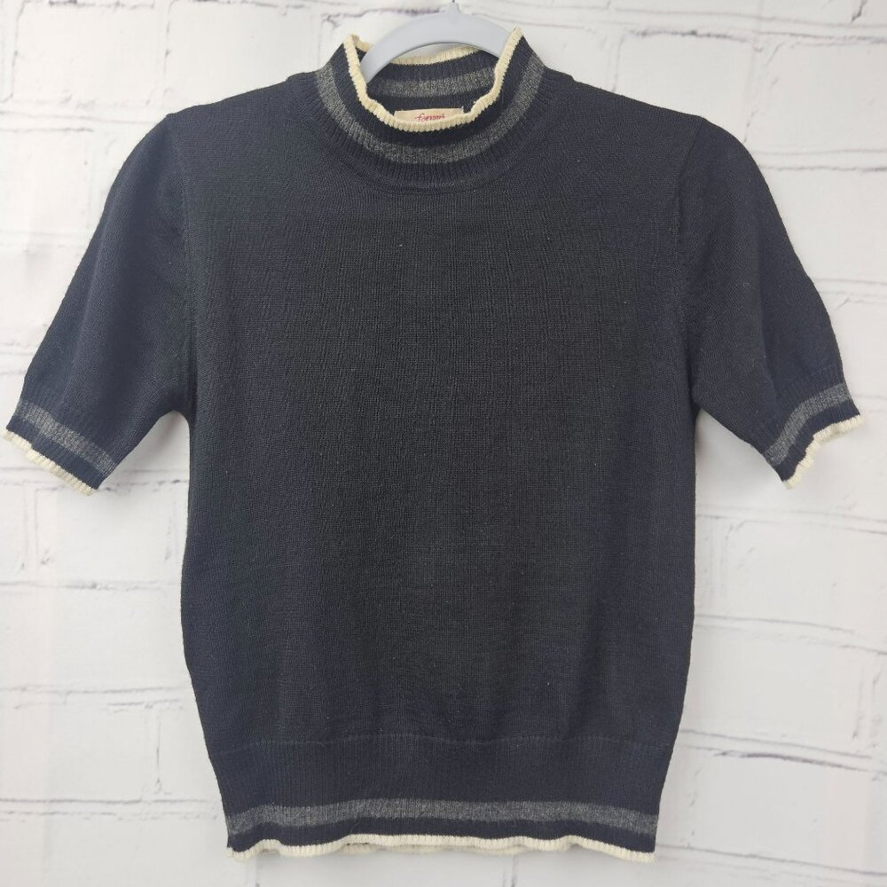 FORNARI Black Mock Neck Turtle Short Sleeve Striped Womens Large Wool Retro Crop